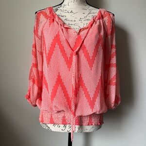 Orange White top - women’s large - cold shoulder shirred bottom